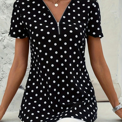 Polka Dots Print V-Neck Blouse-Zipper,Short Sleeves,Comfortable, Breathable Summer Clothing