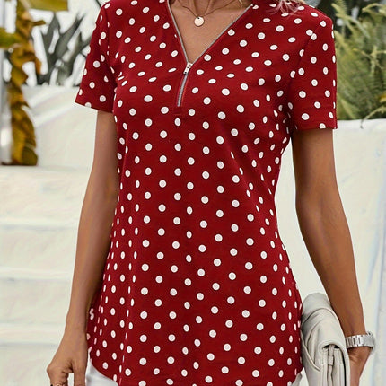 Polka Dots Print V-Neck Blouse-Zipper,Short Sleeves,Comfortable, Breathable Summer Clothing