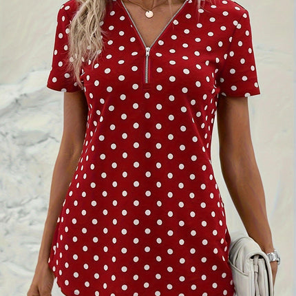 Polka Dots Print V-Neck Blouse-Zipper,Short Sleeves,Comfortable, Breathable Summer Clothing