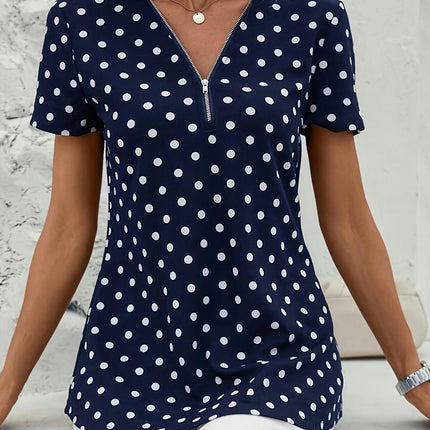 Polka Dots Print V-Neck Blouse-Zipper,Short Sleeves,Comfortable, Breathable Summer Clothing