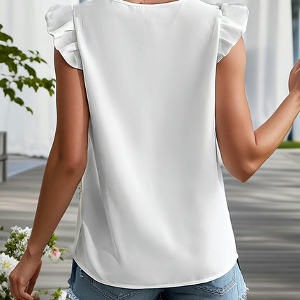 Women's Lace Applique V Neck Blouse with Ruffle Sleeve for Spring & Summer,Clothing for Ladies