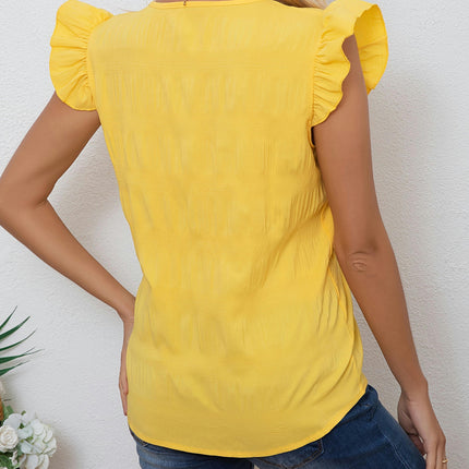 Button V Neck Blouse, Casual Ruffle Trim Sleeveless Blouse For Spring & Summer, Women's Clothing