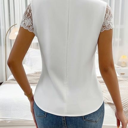 Lace Hollow Out Blouse-Lace Trim, Short Sleeve, Breathable Perfect for Summer-Womens Clothing