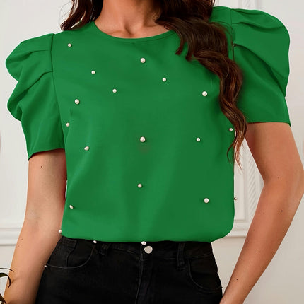 Spring/Summer Blouse Pearl-Embellished Crew Neck Blouse-Durable Womens Clothing