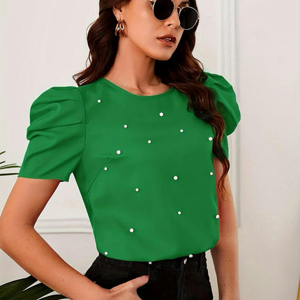 Spring/Summer Blouse Pearl-Embellished Crew Neck Blouse-Durable Womens Clothing