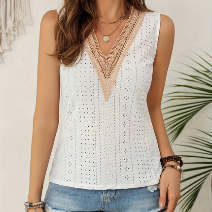 V-Neck Lace Trim Blouse-Sleeveless Embroidered Top for Summer - Women's Clothing