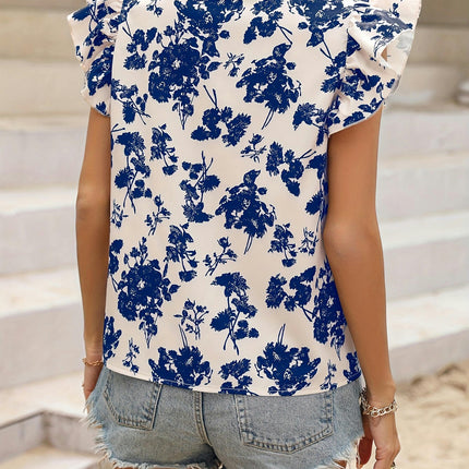 Floral Print Notched Neck Blouse Ruffle Trim Blouse For Spring & Summer, Women's Clothing