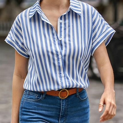 Striped Button-Up Shirt - Breathable Short Sleeve Design for Summer Style, Women's Wear