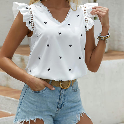 Flirty Heart Print Blouse with Delicate Lace & Ruffle Sleeves V Neck for Spring & Summer