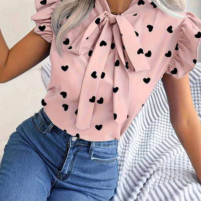 1pc Blouse for Women, Summer French Style Heart Print Tie-Front Shirt with Ruffle Butterfly Sleeves