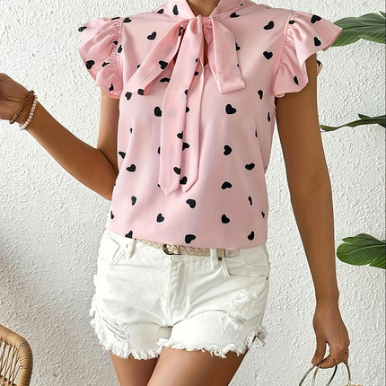 1pc Blouse for Women, Summer French Style Heart Print Tie-Front Shirt with Ruffle Butterfly Sleeves