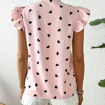 1pc Blouse for Women, Summer French Style Heart Print Tie-Front Shirt with Ruffle Butterfly Sleeves