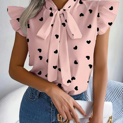 1pc Blouse for Women, Summer French Style Heart Print Tie-Front Shirt with Ruffle Butterfly Sleeves