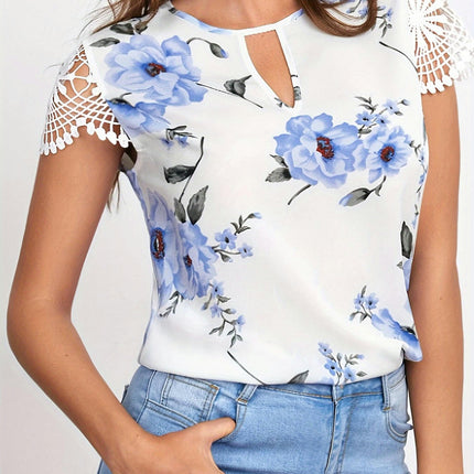 Floral Lace Blouse-Cut-Out,Short Sleeves, Comfortable Fit for Summer Women's Clothing for Casual