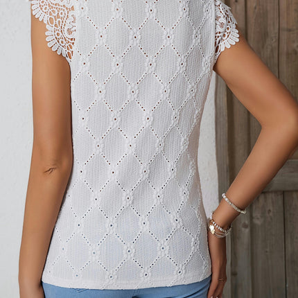 Contrast Lace Hollow V Neck Blouse, Short Sleeve Blouse For Spring & Summer, Women's Clothing