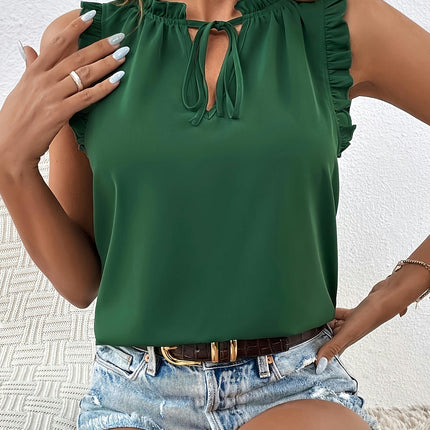 Ruffle Trim Blouse, Casual Solid Color Sleeveless Blouse For Spring & Summer, Women's Clothing