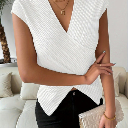 Asymmetrical Solid Color Wrap Front V-Neck Blouse for Women's Polyester Woven Summer Top