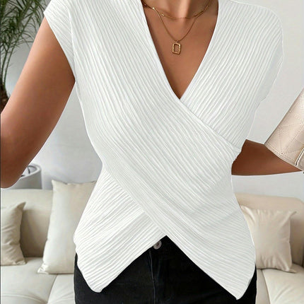 Asymmetrical Solid Color Wrap Front V-Neck Blouse for Women's Polyester Woven Summer Top