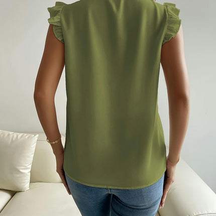 Lace-Trim V-Neck Blouse with Ruffle Sleeves - Polyester soft Blouse