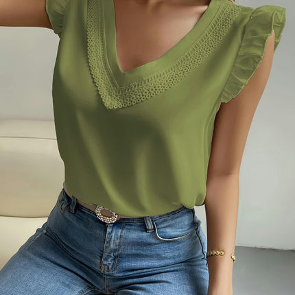 Lace-Trim V-Neck Blouse with Ruffle Sleeves - Polyester soft Blouse