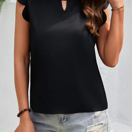 Solid Scallop Trim Cut Out Blouse -Crew Neck, Summer Breathable, Women's Clothing for Everyday Wear