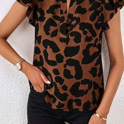 Leopard Print V Neck Blouse, Casual Flutter Sleeve Blouse For Spring & Summer, Women's Clothing