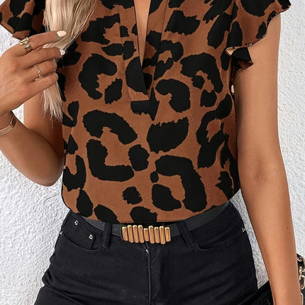 Leopard Print V Neck Blouse, Casual Flutter Sleeve Blouse For Spring & Summer, Women's Clothing