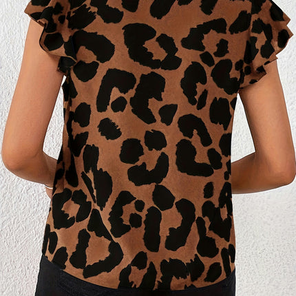 Leopard Print V Neck Blouse, Casual Flutter Sleeve Blouse For Spring & Summer, Women's Clothing