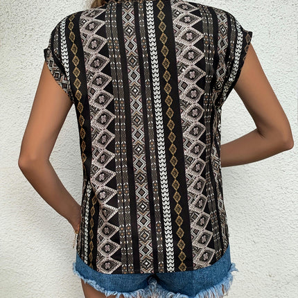 Boho Chic Geometric V-Neck Blouse Versatile Spring-to-Fall Women's Top Comfort Fit