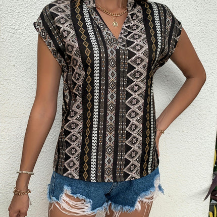 Boho Chic Geometric V-Neck Blouse Versatile Spring-to-Fall Women's Top Comfort Fit