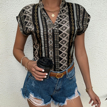 Boho Chic Geometric V-Neck Blouse Versatile Spring-to-Fall Women's Top Comfort Fit