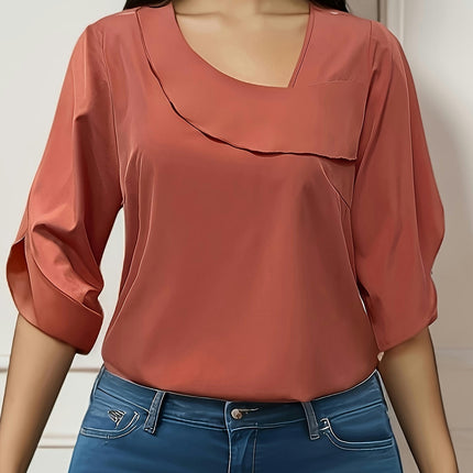 Polyester Blouse with Asymmetric Neckline, Solid Color, All-Season, Shirt for Women