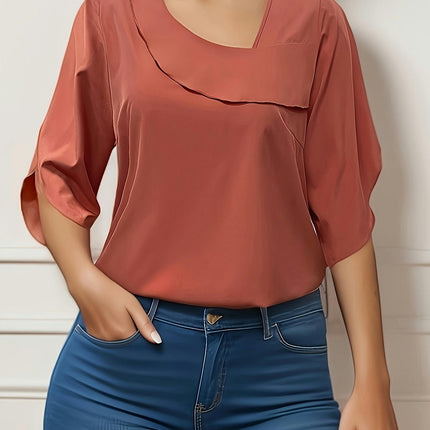 Polyester Blouse with Asymmetric Neckline, Solid Color, All-Season, Shirt for Women