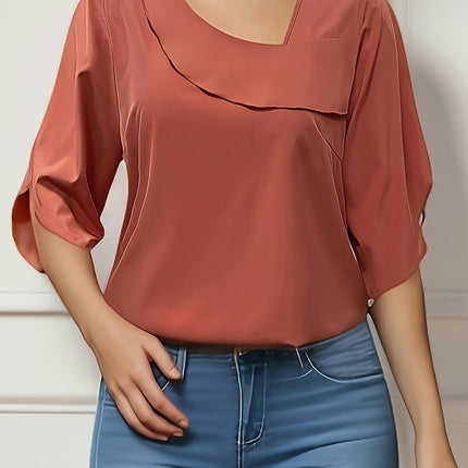 Polyester Blouse with Asymmetric Neckline, Solid Color, All-Season, Shirt for Women