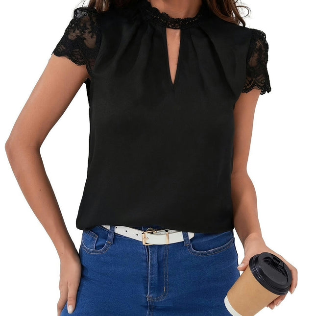 Women's Lace Patchwork Blouse, Puff Sleeve Keyhole Detail Cut Out Front Mock Neck Lounge Top