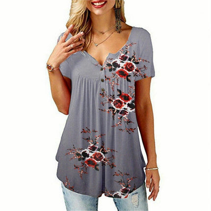 Floral V-Neck Blouse for Women - Casual Short Sleeve Top with Button Detail for Spring/Summer