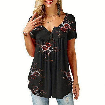 Floral V-Neck Blouse for Women - Casual Short Sleeve Top with Button Detail for Spring/Summer