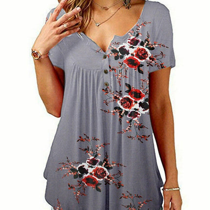 Floral V-Neck Blouse for Women - Casual Short Sleeve Top with Button Detail for Spring/Summer