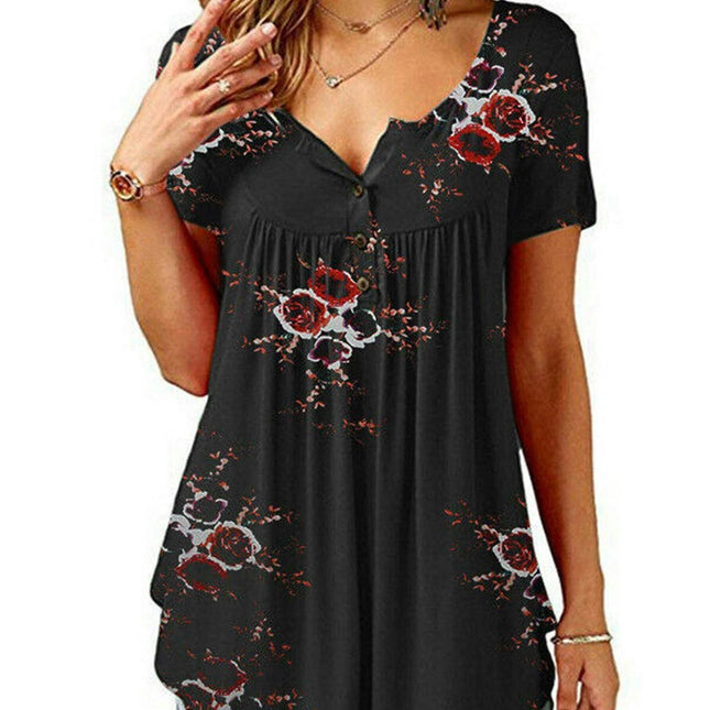 Floral V-Neck Blouse for Women - Casual Short Sleeve Top with Button Detail for Spring/Summer