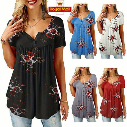 Floral V-Neck Blouse for Women - Casual Short Sleeve Top with Button Detail for Spring/Summer