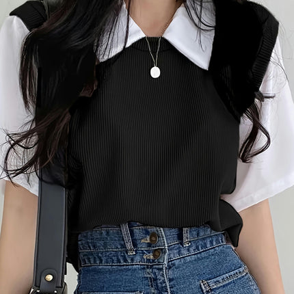 Women'S Polyester Blouse Short Sleeve, Lapel Collar Solid Color Top for Spring/Summer/Fall