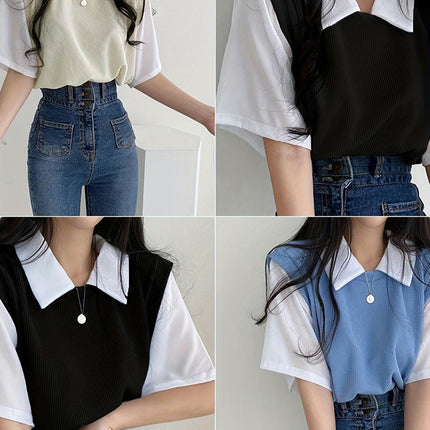 Women'S Polyester Blouse Short Sleeve, Lapel Collar Solid Color Top for Spring/Summer/Fall