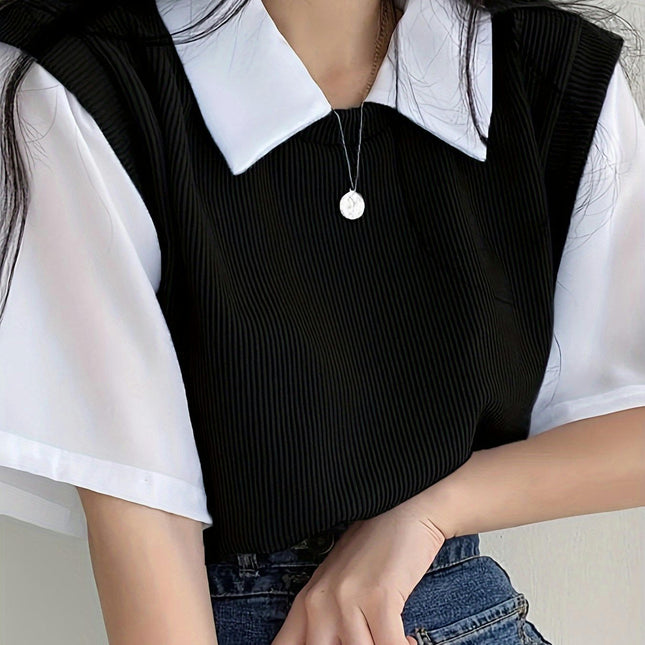 Women'S Polyester Blouse Short Sleeve, Lapel Collar Solid Color Top for Spring/Summer/Fall