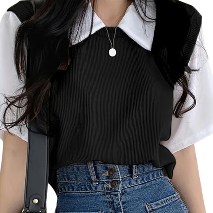 Women'S Polyester Blouse Short Sleeve, Lapel Collar Solid Color Top for Spring/Summer/Fall