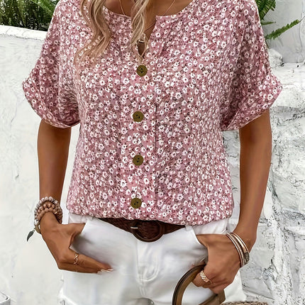 Notched Collar, Women's Floral Print Short Sleeve Blouse,Woven Shirt for Spring/Summer/Fall