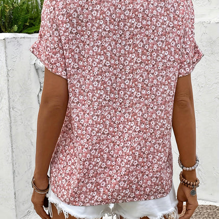 Notched Collar, Women's Floral Print Short Sleeve Blouse,Woven Shirt for Spring/Summer/Fall