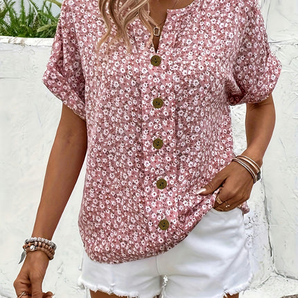 Notched Collar, Women's Floral Print Short Sleeve Blouse,Woven Shirt for Spring/Summer/Fall