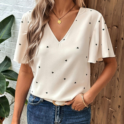 Polka Dot V Neck Blouse, Elegant Flare Sleeve Blouse For Summer & Spring, Women's Clothing