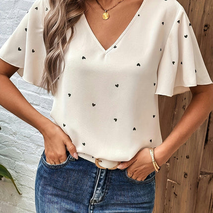 Polka Dot V Neck Blouse, Elegant Flare Sleeve Blouse For Summer & Spring, Women's Clothing