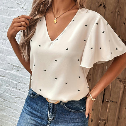 Polka Dot V Neck Blouse, Elegant Flare Sleeve Blouse For Summer & Spring, Women's Clothing